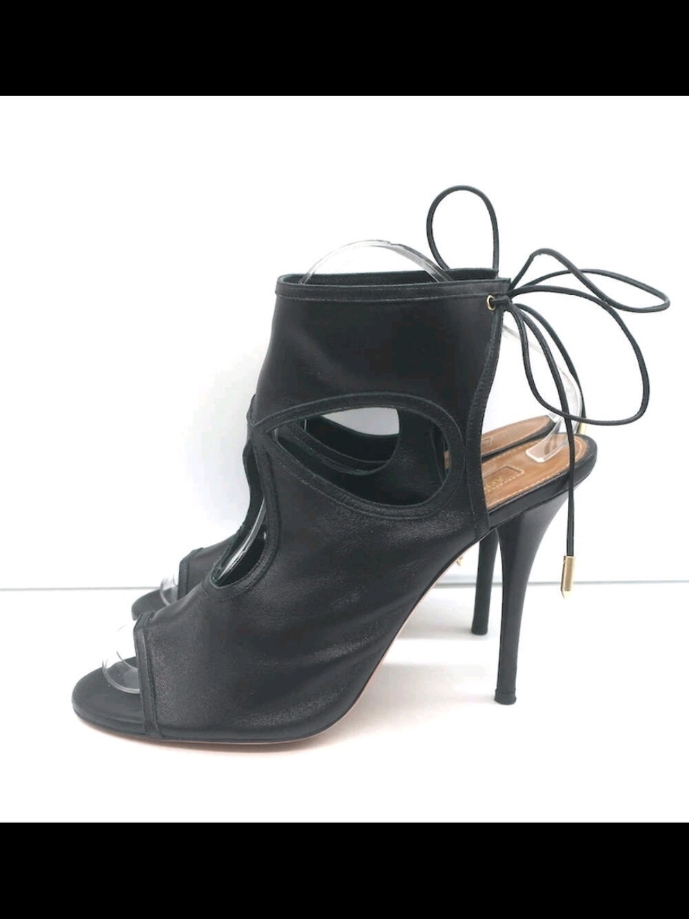 Aquazzura Black Leather Cutout Lace-Up Stiletto Booties Size 8 - Picture 3 of 9